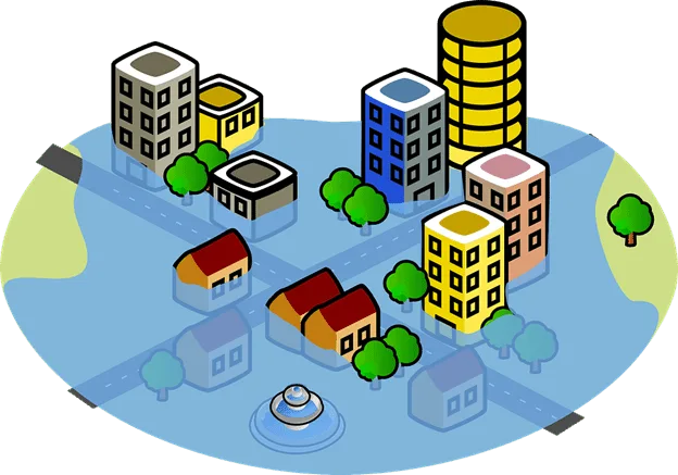 A graphic of a flooded city